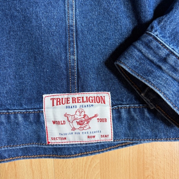 True Religion Men’s Blue Denim Trucker Hoodie Jacket Large - Picture 8 of 11